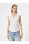 Linen Blend Shirt Crop Sleeveless Classic Neckline Slim Fit - 3