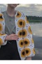 Women's Crochet Cardigan with Sunflower Print, Hand Knitted Cardigan, Trend Motif Cardigan - 3