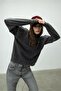 Korean Printed Anthracite Color Distressed Half Turtleneck Sweatshirt - 3