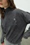 Korean Printed Anthracite Color Distressed Half Turtleneck Sweatshirt - 2
