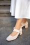 Wine Ecru Thick Heeled Velcro Stone Detailed Women's Heeled Shoes - 4