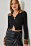 Women's Black Leopard Plush Zippered Cardigan 60261015 - 5