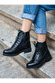 (Valess) Real Leather Lace-Up Zippered Orthopedic Rubber Sole Low Heel Boots - 7