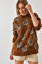 Women's Brown Crew Neck Rose Patterned Knitwear Sweater 20246257 - 5