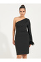 One Shoulder Sleeve Knee Length Dress with Faux Feather Detail - 5