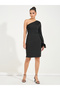 One Shoulder Sleeve Knee Length Dress with Faux Feather Detail - 4