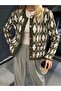 Khaki Camel Diamond Patterned Pocket Sweater Cardigan - 2