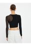 Crop T-Shirt with Transparent Tulle Detail and Shiny Stone Embroidery - 4