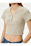 V-Neck Crop T-Shirt Ribbed Short Sleeve Button Detail - 5