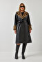 Women's Black Collar and Sleeves Leopard Fur Leather Trench Coat 3103 60351269 - 4