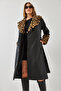 Women's Black Collar and Sleeves Leopard Fur Leather Trench Coat 3103 60351269 - 3