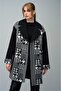 Goose Feet Pattern Detailed Double Breasted Oversize Coat Black 3005 - 5
