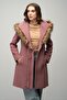 Hooded Fur-Capped Fish-Scale Coat with Belt Detail Fuchia 3044 - 5