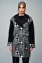 Goose Feet Pattern Detailed Double Breasted Oversize Coat Black 3005 - 3