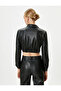 Faux Leather Shirt Crop Corset Detailed Snap Button Long Sleeve - 4