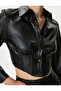 Faux Leather Shirt Crop Corset Detailed Snap Button Long Sleeve - 5