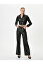 Faux Leather Shirt Crop Corset Detailed Snap Button Long Sleeve - 2