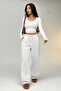 Striped Ecru White Winter Thick Raised Fleece Inside High Waist Wide Leg Sweatpants with Hidden Pockets
