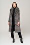 Detachable Fur Collar Waist Tied Medium Length Plaid Coat GRAY 3978