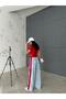 Front and Back Jeans Wide Leg Pants with Red Combed Details - 4