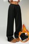 Striped Black Winter Thick Raised Fleece Inside High Waist Wide Leg Lace-Up Sweatpants with Hidden Pockets - 3