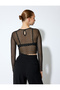 Tulle Crew Neck Textured Long Sleeve Slim Fit Blouse - 4