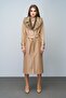 Leather Trench Coat with Detachable Fur Collar and Waist Belt Kamel 6606 - 3