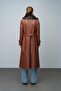 Leather Trench Coat with Detachable Fur Collar and Belted Waist Taba 6606 - 7