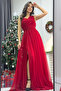Women's One Shoulder Pleated Flared Evening Dress Navy, Black, Red - 4