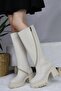 Women's Carina Cream Lacquer Swivel Zippered 8 cm Platform Heeled Below the Knee Boots