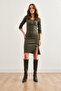 Women's Khaki Button Detailed Slit Raster Stretchy Dress Elb- 19002307 - 5