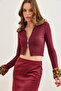 Women's Burgundy Leopard Garnished Double Zipper Crop Ribbed Blouse Blz-19002784