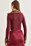 Women's Burgundy Leopard Garnished Double Zipper Crop Ribbed Blouse Blz-19002784 - 6