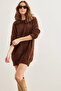 Women's Bitter Brown Crew Neck Soft Textured Beard Dress Elb- 19002302