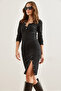 Women's Black Button Detailed Slit Raster Stretchy Dress Elb- 19002307 - 3