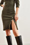 Women's Khaki Button Detailed Slit Raster Stretchy Dress Elb- 19002307 - 3