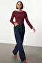 Bordo Pamuklu Kayık Yaka Fitted/Vücuda Oturan Esnek Bluz TWOAW24BZ00166