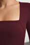 Koyu Bordo Kare Yaka Büzgü/Drape Detaylı Fitted/Vücuda Oturan Örme Bluz TWOAW25BZ00194 - 4