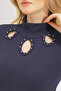 Women's Navy Blue Half Turtleneck Out Cut Cut Bead Embroidered Blouse ALC-X11249 - 4
