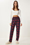 Women's Navy Blue Red Patterned Soft Textured Knitted Pajama Bottoms Ce00089 - 2