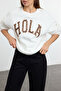Ekru Animal Leopar Slogan Baskılı Sweatshirt TEDAW25SW00080