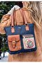 Women's Vegan Leather Navy Blue Shoulder Bag - Bear and Flowers Design