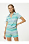 Mini Shorts Jumpsuit Polo Neck Short Sleeve Half Button Ribbed