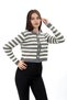 Women's Gray Cardigan Crew Neck, Gold Button Detail, Stylish Striped Cardigan - 2