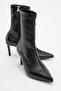 Thalin Black Skin Pointed Toe Side Zipper Women's Thin Heeled Boots