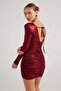 Shiny Fabric Draped Mini Karly Dress Burgundy - 4