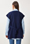 V-Neck Belted Long Knit Sweater Dark Blue Lus0042 - 7