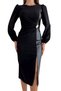 Leather and Slit Detail Waist Brooch Design Null Neckline Midi Length Black Women's Evening Dress 020 - 5