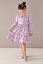 Lilac Plaid Print Buttoned Long Sleeve Girl's Dress 19808