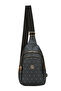 Women's Leather Monogram Patterned Cross Waist Chest and Shoulder Bag - Black
